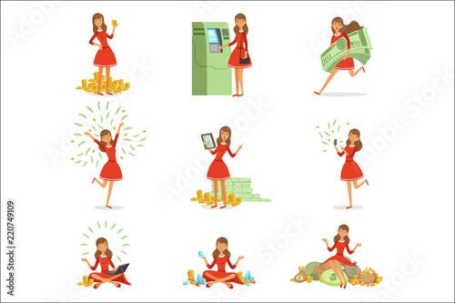 Happy young millionaire woman in a red dress enjoying her money and wealth, set of colorful detailed vector Illustrations