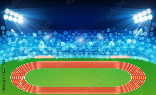 Running track arena field with bright stadium lights vector design and information scoreboard. Vector illumination