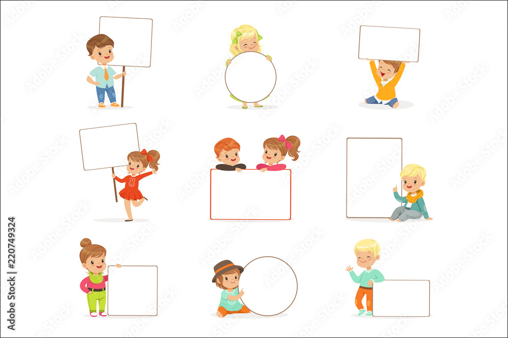 Cute kids holding white blank boards in different poses set. Smiling ...
