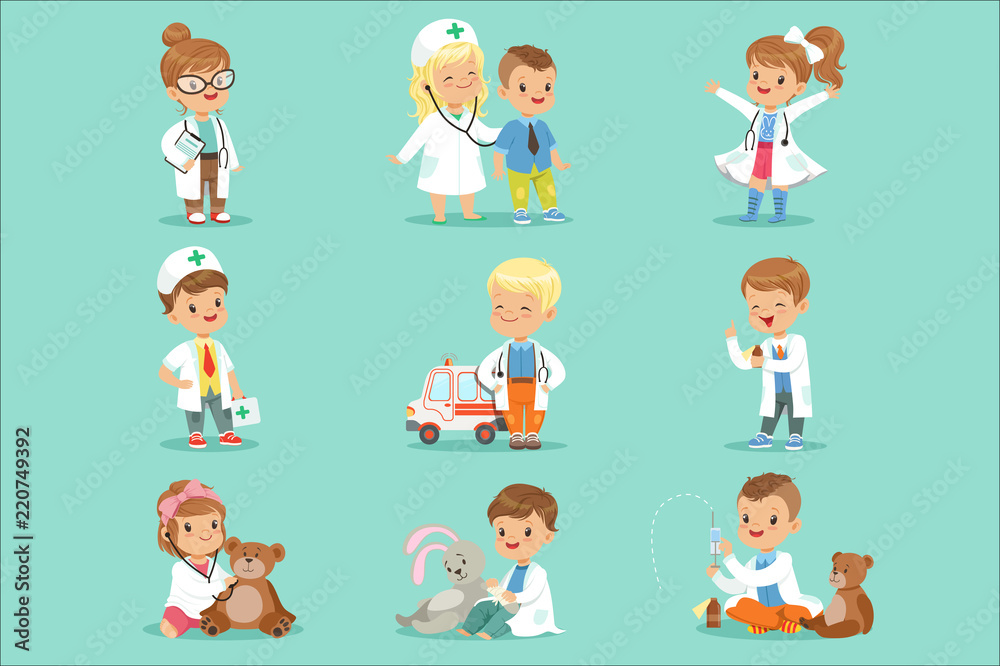 Cute kids playing doctor set. Smiling little boys and girls dressed as doctors examining and treating their patients vector illustrations