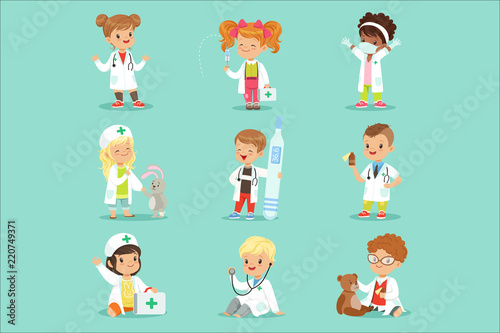 Adorable kids playing doctor set. Smiling little boys and girls dressed as doctors playing with toy medical equipment vector illustrations