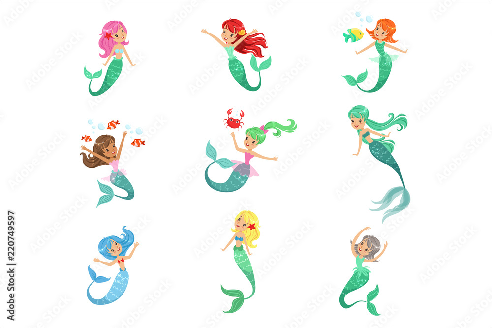 Beautiful fairy tale mermaid princess with colorful hair and taill set of vector Illustrations