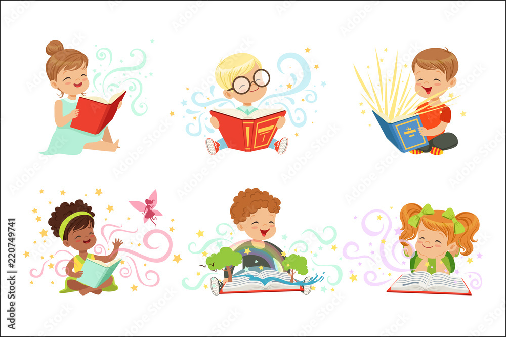 Adorable little boys and girls sitting and reading fairy tales set. Kids fabulous imagination vector illustrations Adorable little boys and girls sitting and reading fairy tales set. Kids fabulous imagination vector illustrations