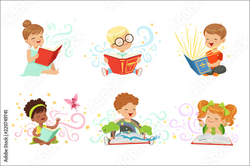 Adorable little boys and girls sitting and reading fairy tales set. Kids fabulous imagination vector illustrations