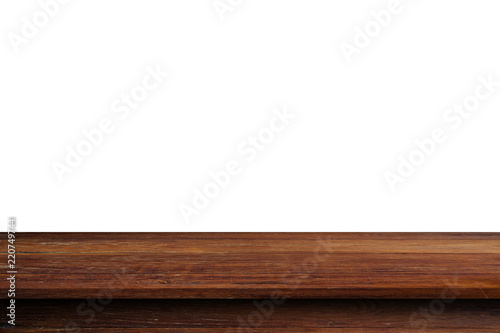 Empty wooden table top on isolated white  Template mock up for display of product.