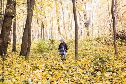 People, children and nature concept - smiling little girl in autumn park