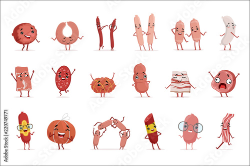 Cute funny humanized sausage showing different emotions set of colorful characters vector Illustrations