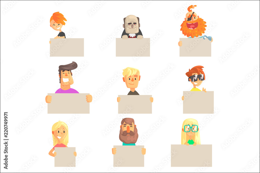 Different people holding blank boards set. Smiling cartoon men and women characters with empty banners vector illustrations Different people holding blank boards set. Smiling cartoon men and women characters with empty banners vector illustrations