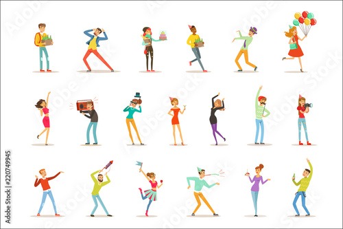 Happy people celebrating, giving gifts and having fun at a birthday party set of colorful characters vector Illustrations