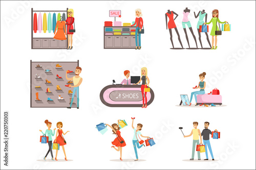 People shopping and buying clothes and shoes set, clothing store interior colorful vector Illustrations isolated