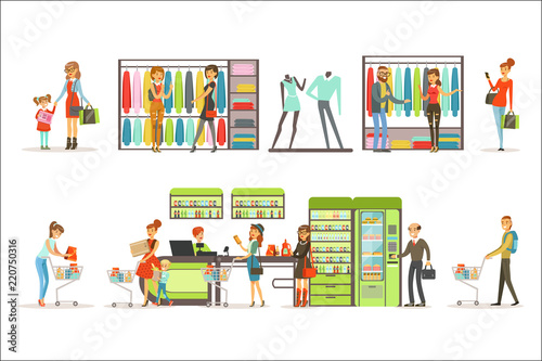 People buying grocery products and clothes in the supermarket set, family shopping colorful vector Illustrations