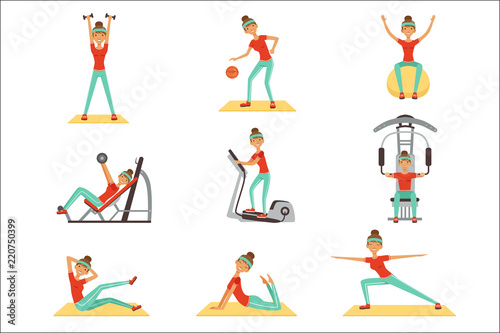 Fitness woman exercising in the gym with sports equipment set of colorful vector Illustrations