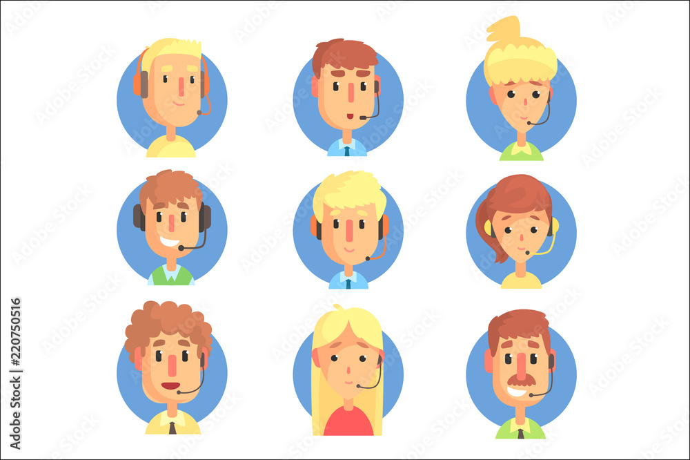 Cartoon male and female call centre operators with headset set, customer support service colorful vector illustrations Cartoon male and female call centre operators with headset set, customer support service colorful vector illustrations