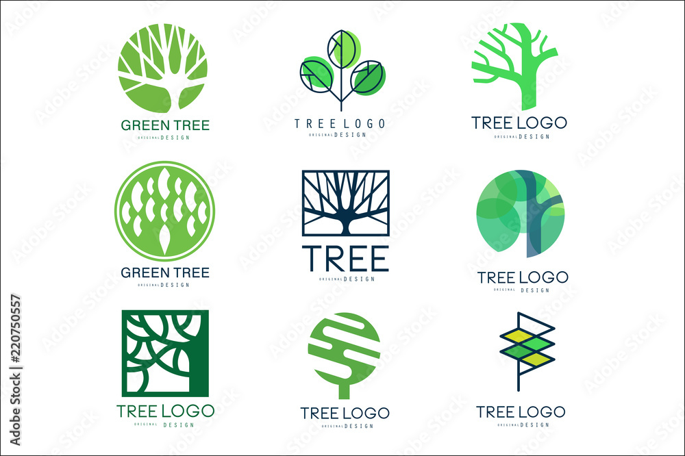 Naklejka premium Oryginalne logo zielone drzewo zestaw wektora Ilustracje w zielonych kolorach
