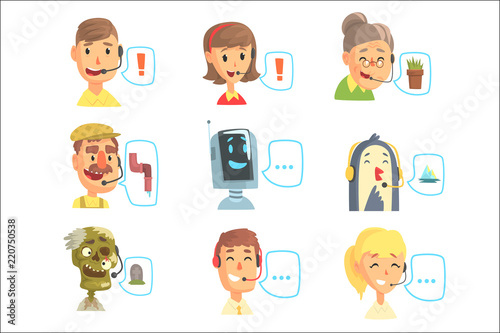 Set of funny call centre operators with headset, customer support service colorful vector illustrations