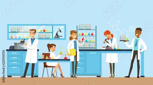 Scientists man and woman conducting research in a lab, interior of science laboratory, vector Illustration