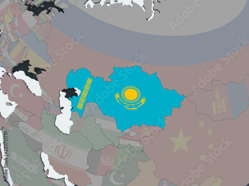 Fototapeta Naklejka Na Ścianę i Meble -  Kazakhstan with flag on globe