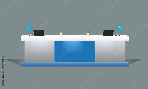 Blank White reception or exhibition table desk mockup. Flag notebook and pens on table. High detailed 3d Illustration vector.