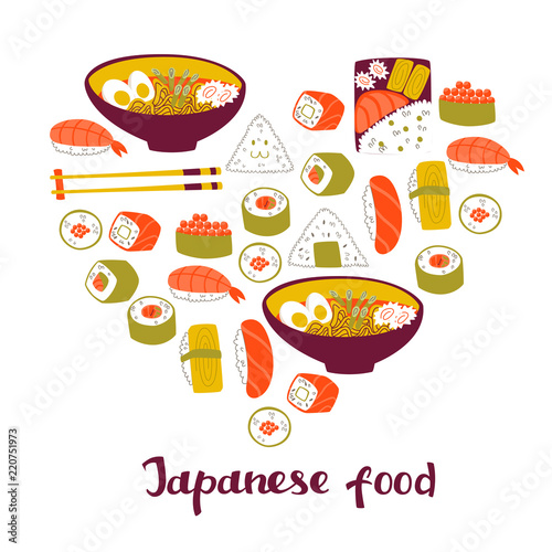 Heart Shape Hand Drawn Japanese Cuisine Elements Set and Lettering Japanesse Food