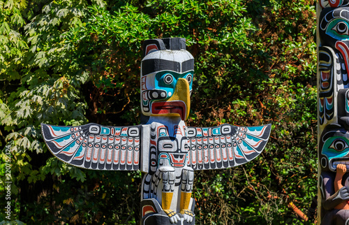 First Nations American Indian thunderbird totem pole in Stanley Park in Vancouver Canada