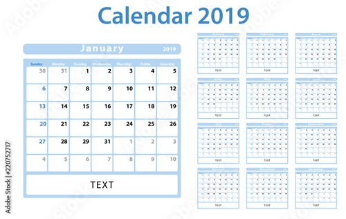 2019 monthly calendar in soft blue and white colors