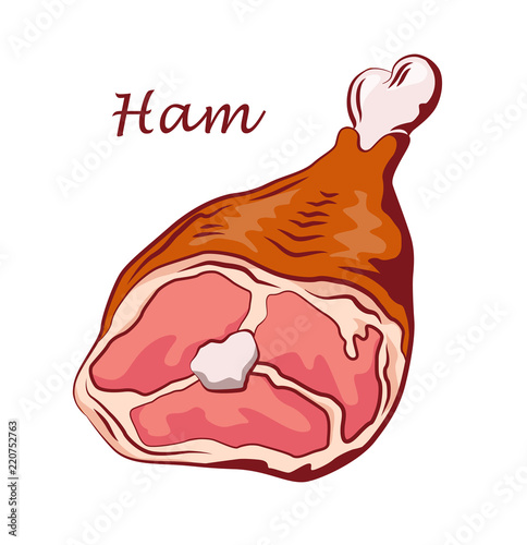 Ham hock. Pork knuckle isolated on white background. Meat on the bone. Colored image with contour. Vector illustration. Icon, emblem, logo element.
