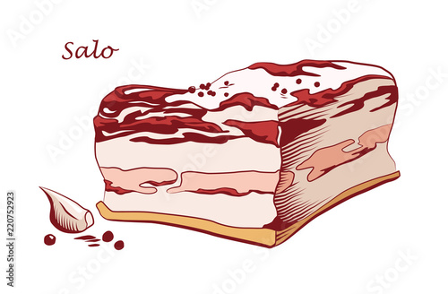 Piece of salo isolated on white background. Slanina, solonyna, lardo. Salted or cured pork fat. Colored image with contour. Vector illustration. Icon, emblem, logo element.