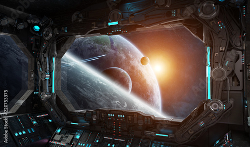 Fototapeta Naklejka Na Ścianę i Meble -  Spaceship grunge interior with view on exoplanet