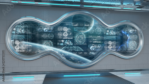 Fototapeta Naklejka Na Ścianę i Meble -  White spaceship interior with control panel digital screens 3D rendering