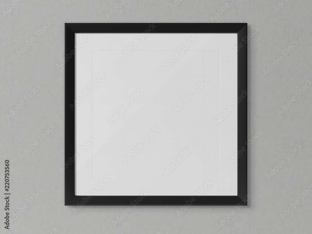 Black squared frame hanging on a white wall mockup 3D rendering Stock ...