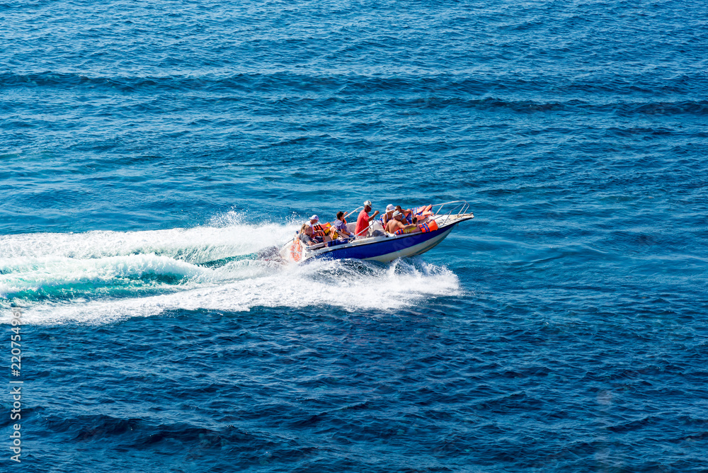 Fototapeta premium amazing view to yacht and clear dark blue water summer paradise. Copy space
