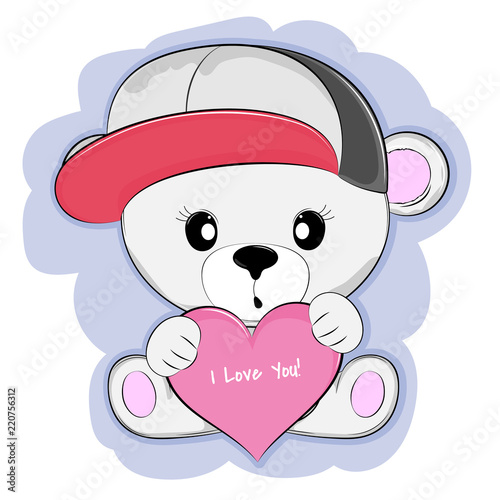 Cute baby bear with Red Hearts. Greeting card for Valentines Day.