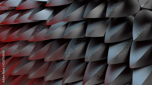 3d render abstract background with spike shapes. Fantasy dragon shell concept. Reflective metal surface.