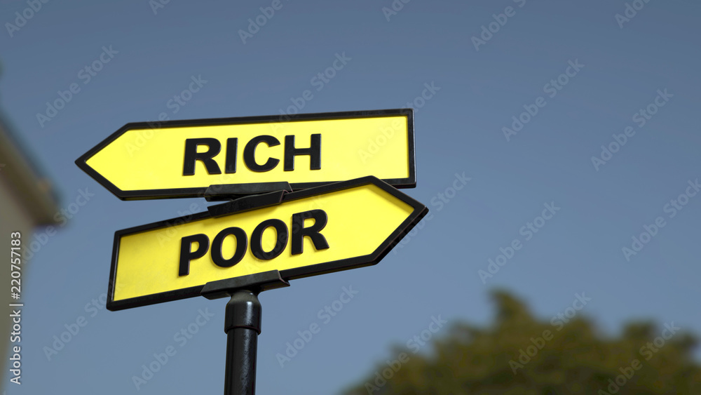 Fototapeta premium A road sign with rich poor words. 3d image.