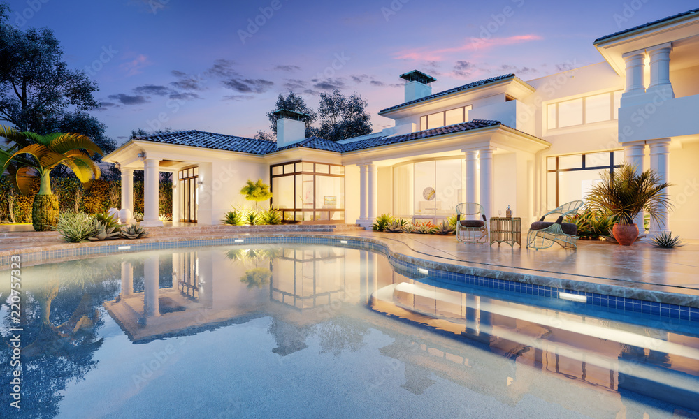 Expensive private villa. Swimming pool in a private house. Evening in a country house. Mansion exterior. Luxury villa with swimming pool. - obrazy, fototapety, plakaty 