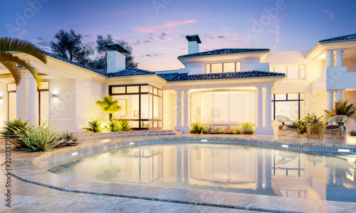 Backyard with a pool in an expensive mansion. Very beautiful sunset in private house. 