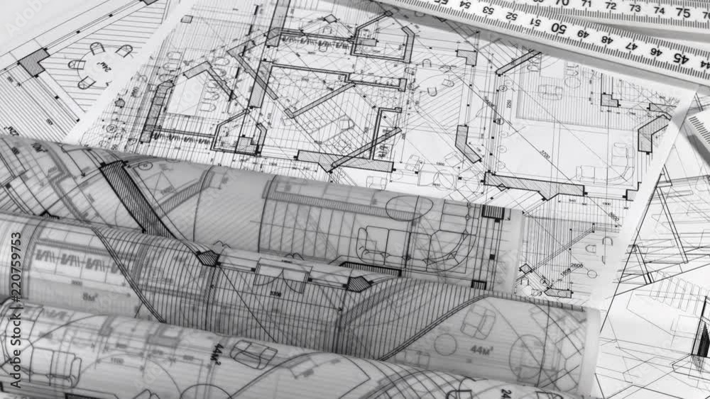Blueprints - rolls of architectural drawings, yardstick - folding ruler ...