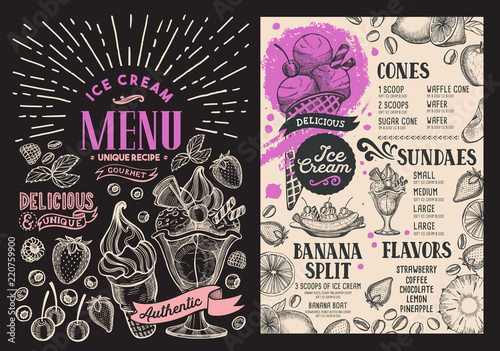 Ice cream restaurant menu on blackboard background. Vector dessert food flyer for bar and cafe. Design template with vintage hand-drawn illustrations.