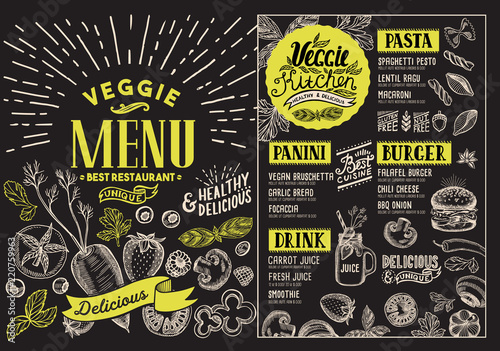Vegetarian menu for restaurant. Vector food flyer for bar and cafe. Design template with food hand-drawn graphic illustrations on blackboard background.