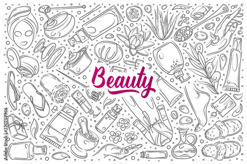 Fototapeta Naklejka Na Ścianę i Meble -  Hand drawn beauty set doodle vector background