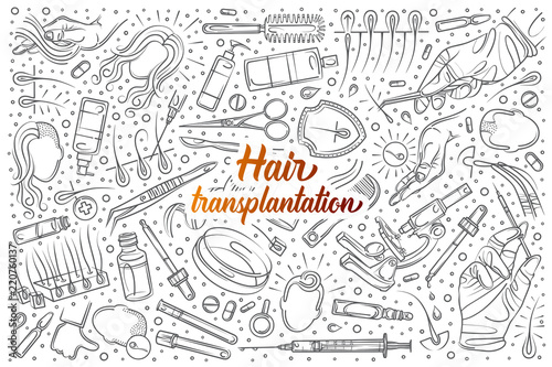 Hand drawn hair transplantation set doodle vector background
