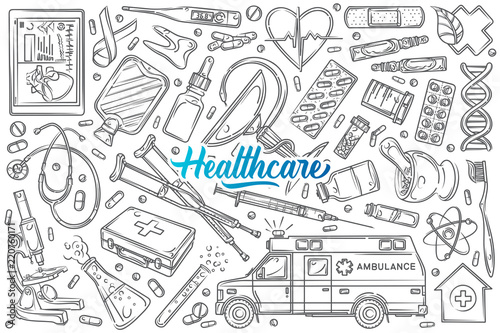 Hand drawn helthcare set doodle vector background photo