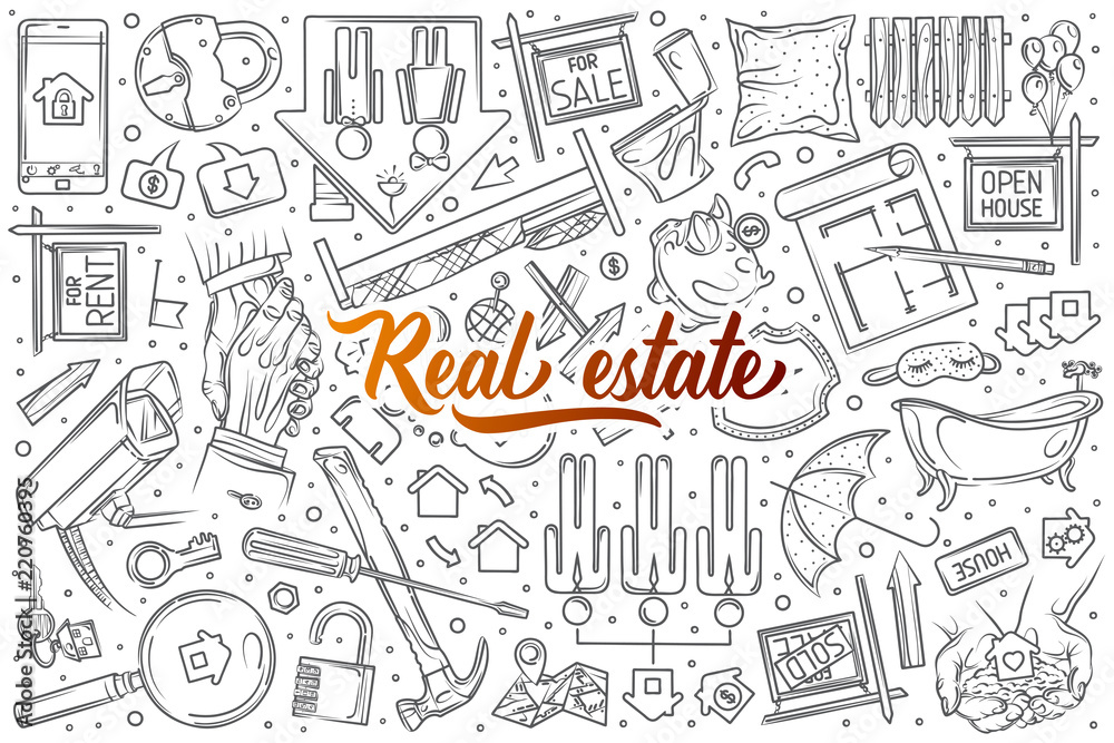 Hand drawn real estate set doodle vector background