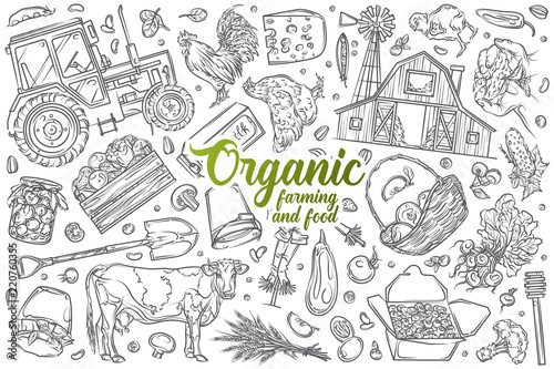 Hand drawn organic farming and food set doodle vector background