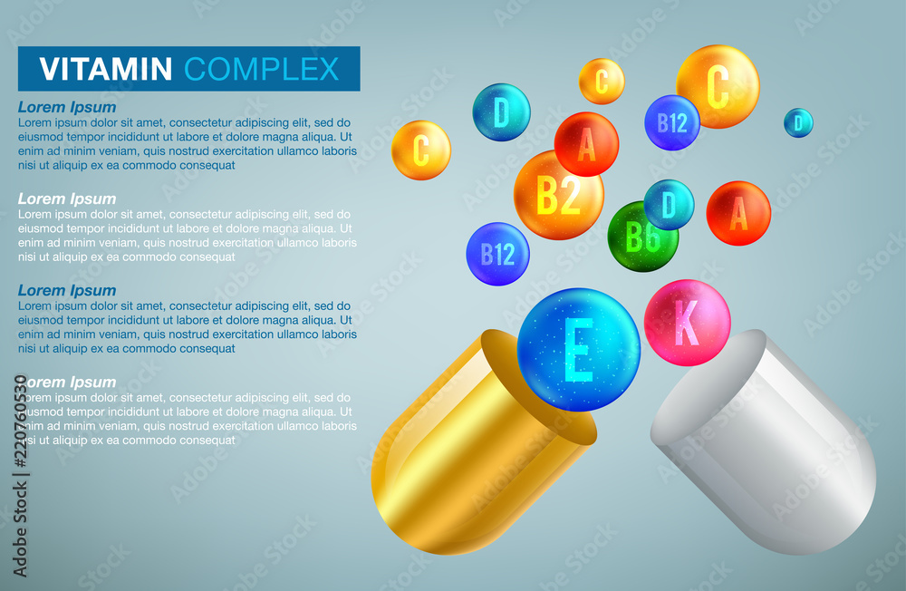 Grafika wektorowa Stock Multi Vitamin complex icons. Vitamin A, B