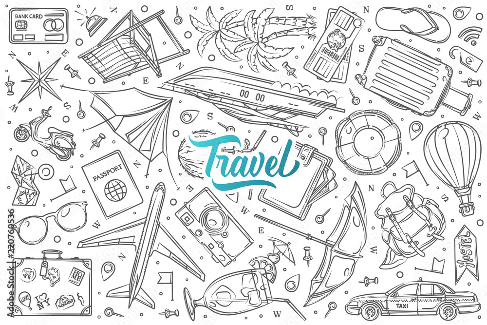 Hand drawn travel, vacation set doodle vector background