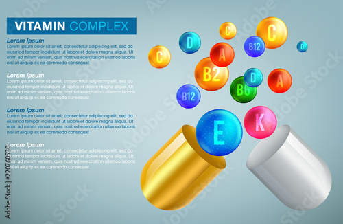 Multi Vitamin complex icons. Vitamin A, B group - B1, B2, B3, B5, B6, B9, B12, C, D, E, K multivitamin supplement logo