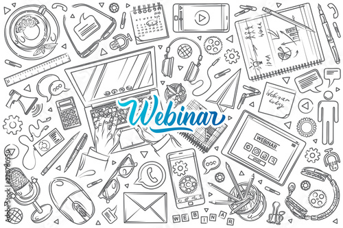 Hand drawn webinar set doodle vector background