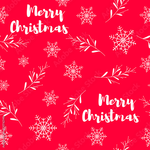 Beautiful Christmas seamless pattern. Hand drawn celebration background with text  snowflakes and omela plant on red background. Vector for design  postcard  print  poster  christmas party.