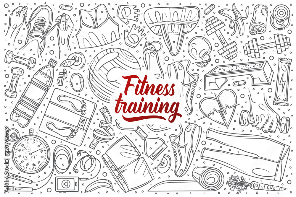 Hand drawn fitness training set doodle vector background